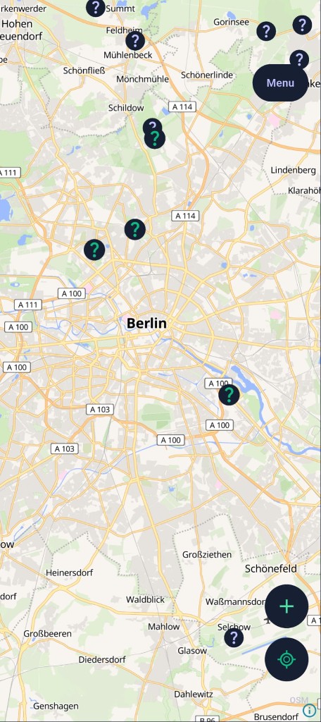 Wildora Journey map view centered on Berlin with mystery location markers