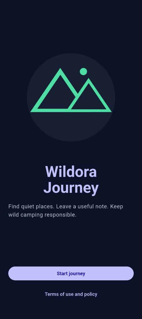 Wildora Journey welcome screen with logo and Start journey button